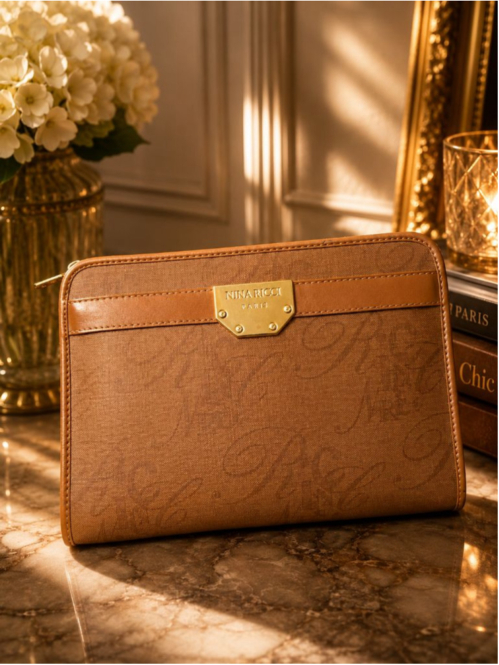 Nina Ricci Brown Monogram Clutch Bag w/ Authenticity Card